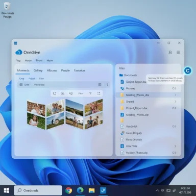 Windows 11 desktop with a large floating OneDrive window over a blue abstract wallpaper.