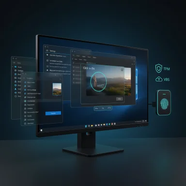 A sleek monitor displays layered translucent windows with TPM and VBS security icons.