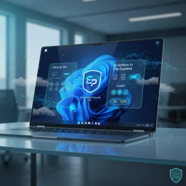A laptop on a desk displays a holographic AI interface with the EP logo and floating panels.