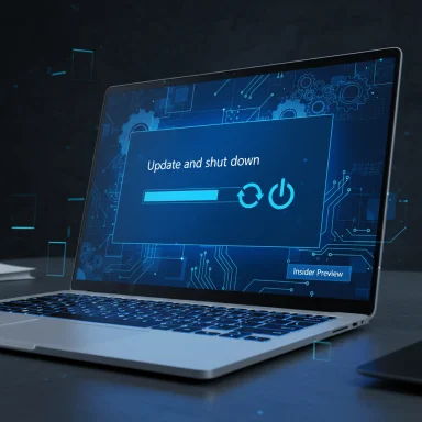 A laptop displays an Update and shut down screen with a progress bar on a blue tech-themed interface.