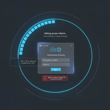Futuristic setup screen with a glowing circular UI and an online identity login panel.