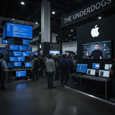 A busy tech expo booth with many screens showing code and a presenter on a large display. A busy tech expo booth with many screens showing code and a presenter on a large display.
