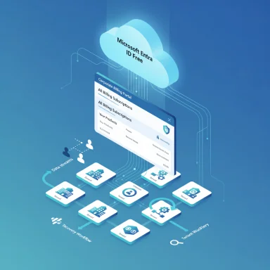 Blue futuristic infographic of Microsoft Entra ID Free cloud with data flows and a billing portal.
