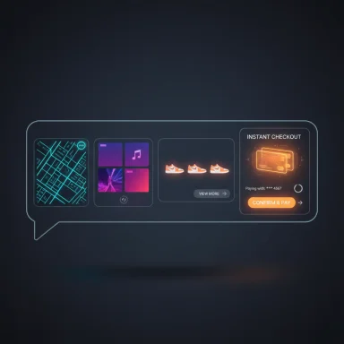 A neon-lit chat bubble shows a multi-panel, futuristic shopping interface with instant checkout.