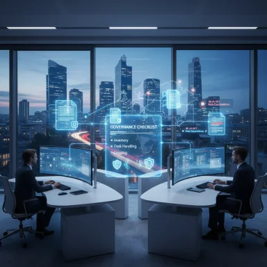 Two analysts monitor a holographic governance dashboard in a futuristic control room.