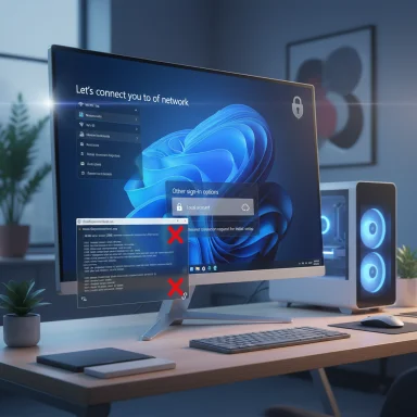 Modern desk setup with a curved monitor displaying a network connection prompt and red X marks.