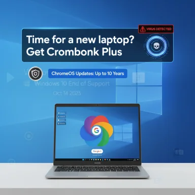 A silver laptop on a white desk displays a blue ad banner: “Time for a new laptop? Get Crombonk Plus.”