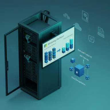 A server rack with a mounted dashboard display showing data deduplication and storage optimization.