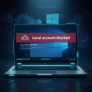 Laptop displays a 'Local account blocked' warning on a blue, high-tech background.