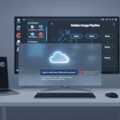 Cloud sign-in prompt over a desktop showing a Golden Image Pipeline diagram.