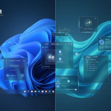 Split-screen Windows desktop with floating translucent widgets over a blue, abstract wallpaper.