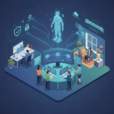 A futuristic AI governance lab where teams monitor data policy and security on multiple screens.