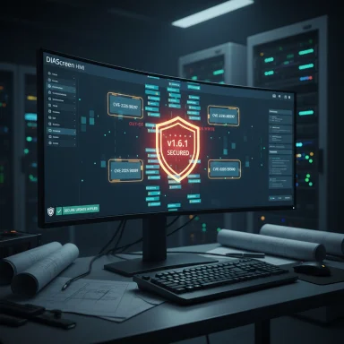 A curved monitor in a data center displays a security dashboard with a glowing shield marked v1.6.1 Secured.