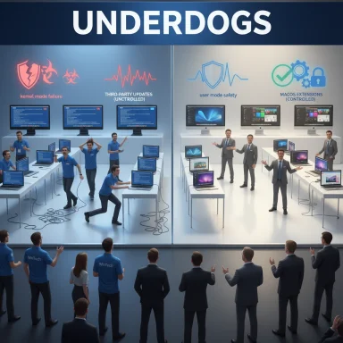 Split-screen tech lab labeled UNDERDOGS, with blue-shirted programmers facing off against suited executives.
