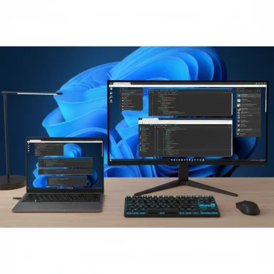 Programming desk setup with a laptop, large monitor, keyboard and mouse.