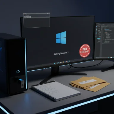 A workstation with a desktop PC and dual monitors, showing Windows 11 starting screen and a No Internet badge.