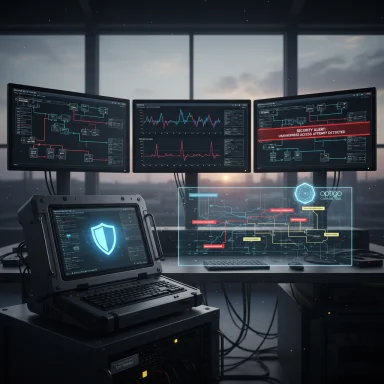 Futuristic security operations center with multi-monitor displays and holographic data overlays.
