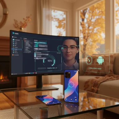 Futuristic workspace with holographic UI projections, a monitor displaying a person, and smartphones on a glass table.