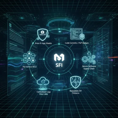 A futuristic diagram centered on SFI, with circular security modules and shields.
