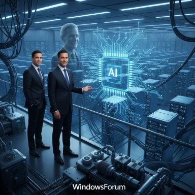 Two suited businessmen stand in a server room, facing a glowing holographic AI chip.