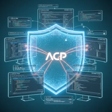 A glowing blue shield labeled ACP protects a network of code windows across multiple monitors.