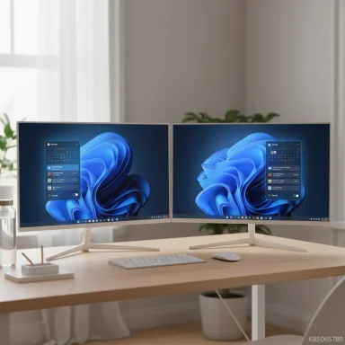 Twin-monitor workspace on a wooden desk with keyboard, mouse, and a plant in the background.