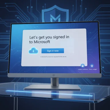 Computer monitor displaying a Microsoft sign‑in prompt with a “Sign in now” button.