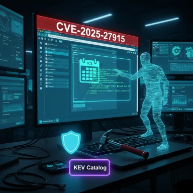 Futuristic cybersecurity lab monitoring CVE-2025-27915 with a holographic figure and KEV Catalog badge.