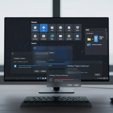 A desktop monitor shows several overlapping file operation dialogs (copying/deleting) on a dark screen.