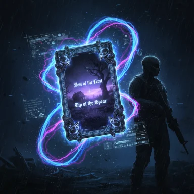 Rain-soaked battlefield featuring a glowing ornate frame and a silhouetted armored soldier.