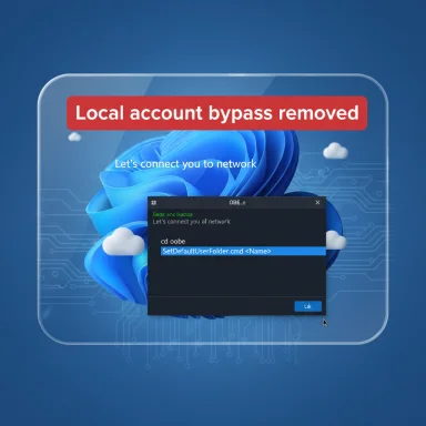 Poster-style image announcing “Local account bypass removed” with a network-connect prompt on a Windows-like background.