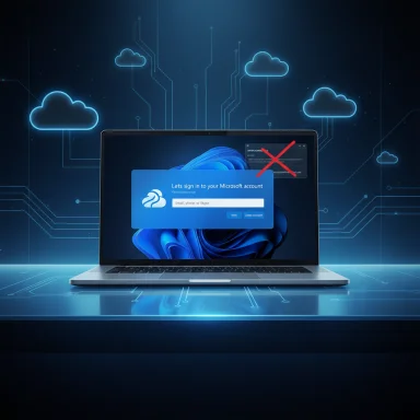 A sleek laptop on a neon blue circuit/cloud backdrop shows a Microsoft sign-in prompt.
