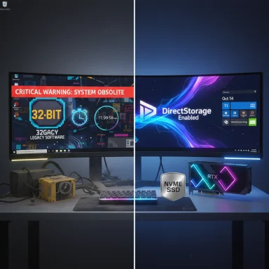 Split-screen desk setup: retro 32-bit warning on left, modern DirectStorage RTX PC on right.