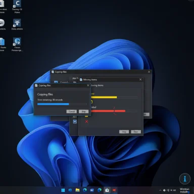 Overlapping Windows dialogs show copying and moving files on a Windows desktop.