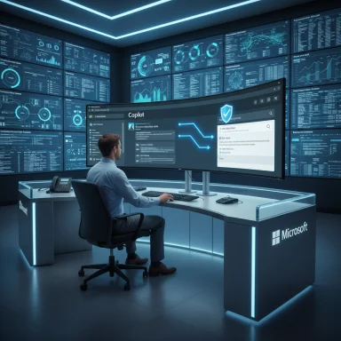 A person sits at a futuristic Microsoft control desk with a curved monitor, surrounded by panoramic data dashboards.