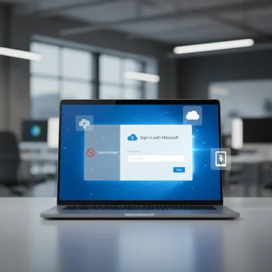Laptop on a desk shows a Microsoft sign-in screen with cloud icons in a bright office.