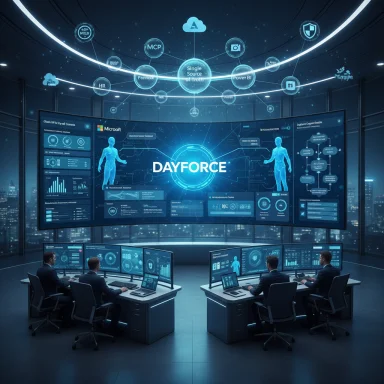 Futuristic control room with a large central screen showing DAYFORCE and holographic data icons.
