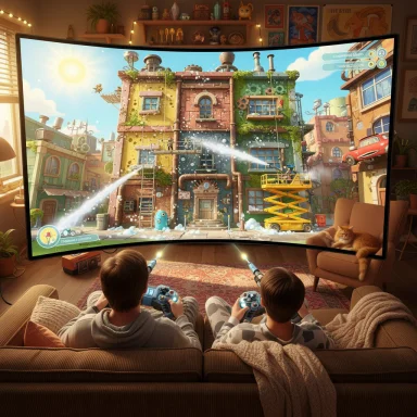 Two kids play a colorful game on a curved screen in a cozy living room.