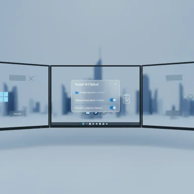 Three curved monitors form a wide setup with a blue translucent UI panel over a blurred city skyline.