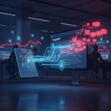 A futuristic workstation with holographic data streams and chat bubbles radiating from a monitor.