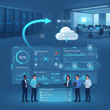 Blue-toned data center scene with a Windows 365 cloud dashboard and a migration timeline.
