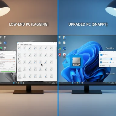 Split-screen comparison: left shows laggy low-end PC, right shows snappy upgraded PC.