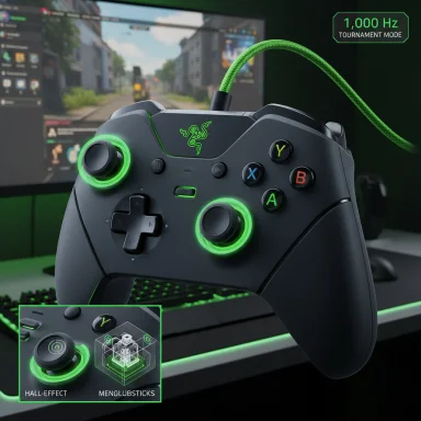 Razer game controller with glowing green accents and 1,000 Hz tournament mode.