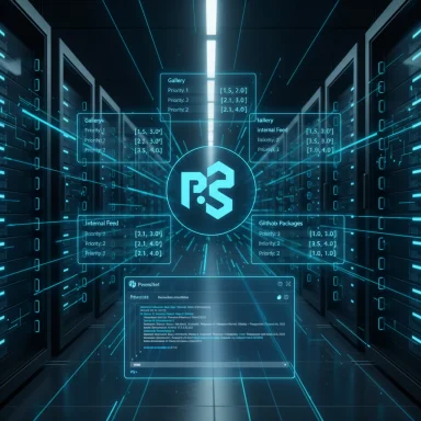 A futuristic data center with neon holographic dashboards surrounding a glowing P3 logo.