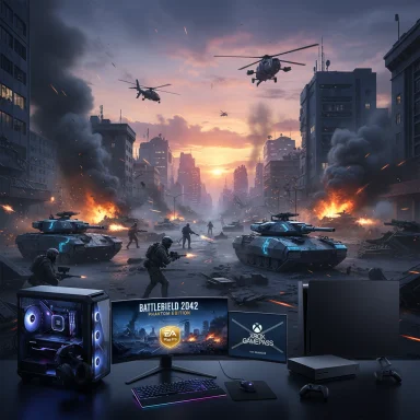 Epic war-torn city battle scene behind a high-end gaming rig with Xbox console in the foreground.