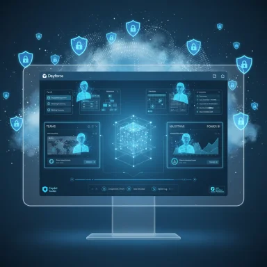 A futuristic holographic computer dashboard with glowing security shields and data visuals.