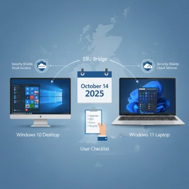 ESU Bridge connects Windows 10 Desktop to Windows 11 Laptop via cloud services, with a user checklist.