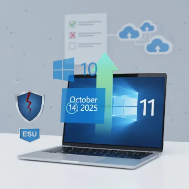 Laptop displays Windows upgrade visuals from 10 to 11 with Oct 14, 2025, plus clouds and security icons.