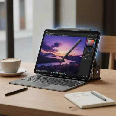 A tablet with keyboard and stylus on a wooden desk, beside a coffee cup and notebook.