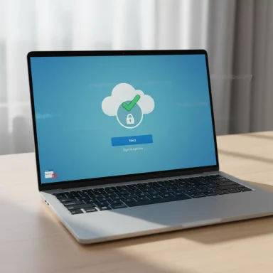 Laptop on a desk shows a cloud security screen with a green checkmark and a Next button.